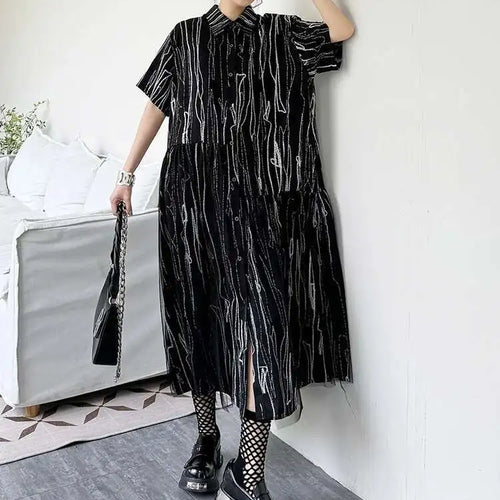 Load image into Gallery viewer, Women Black White Tie Dye Mesh Big Size Midi Shirt Dress New Lapel Short Sleeve Fashion Tide Spring Summer 2025 1DH5962
