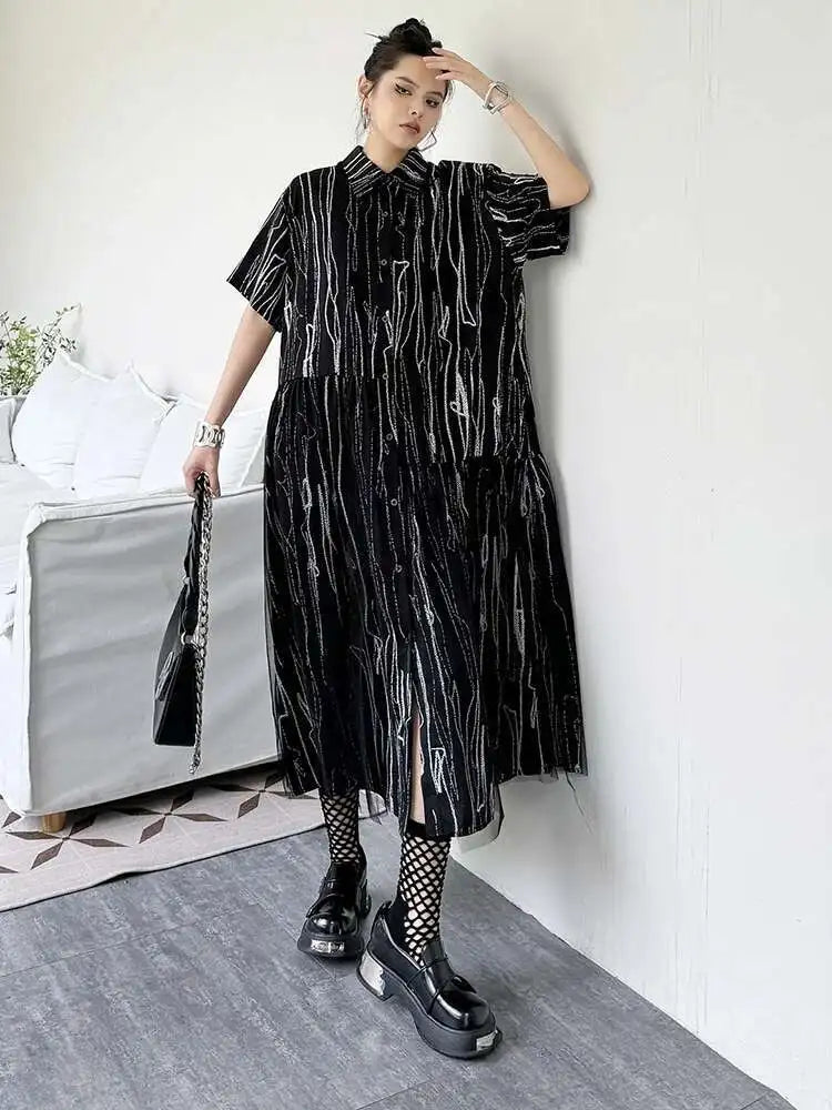 Women Black White Tie Dye Mesh Big Size Midi Shirt Dress New Lapel Short Sleeve Fashion Tide Spring Summer 2025 1DH5962
