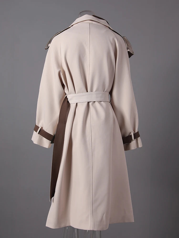 Women Beige Color-block Big Size Long Trench New Lapel Long Sleeve Windbreaker Fashion Tide Spring Autumn 2025 2DA7020