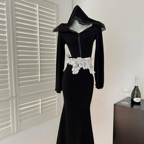 Load image into Gallery viewer, Spring Women&#39;s Black Patchwork Lace Hooded Zipper Halter Short Tops And High Waist Fishtail Skirt Festival Two Piece Set Popular
