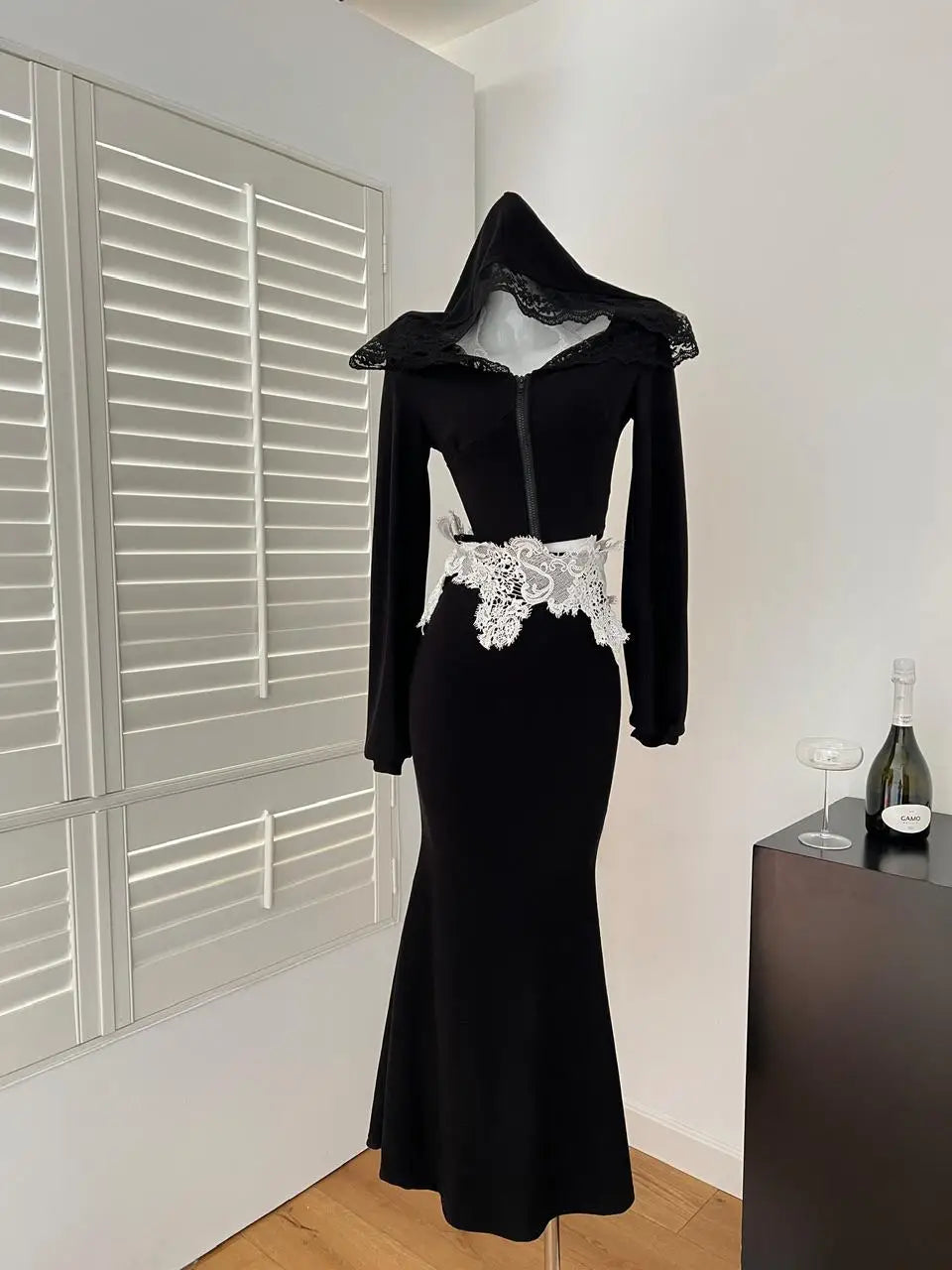 Spring Women's Black Patchwork Lace Hooded Zipper Halter Short Tops And High Waist Fishtail Skirt Festival Two Piece Set Popular