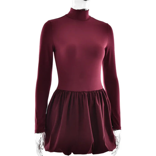 Load image into Gallery viewer, Turtleneck Long Sleeve Sexy Mini Dress For Women Robe Fashion Burgundy Patchwork High Waist A-line Club Pleated Dress
