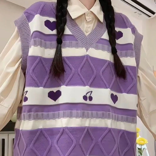 Load image into Gallery viewer, Cartoon Print Sweater Vest Women Kawaii Love Waistcoat Streetwear Knitted Fashion College All-match Harajuku Y2k Vests Chandails

