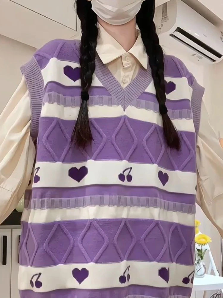 Cartoon Print Sweater Vest Women Kawaii Love Waistcoat Streetwear Knitted Fashion College All-match Harajuku Y2k Vests Chandails