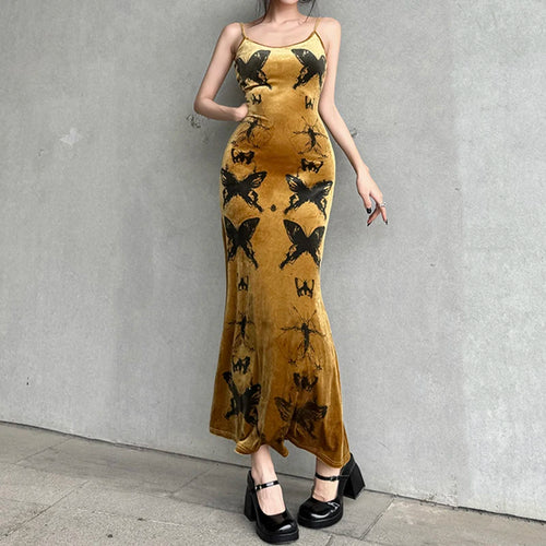 Load image into Gallery viewer, Spaghetti Strap Velour Elegant Long Dress Female Vintage Butterfly Printing Fashion Sexy Party Dresses Goth Clothing
