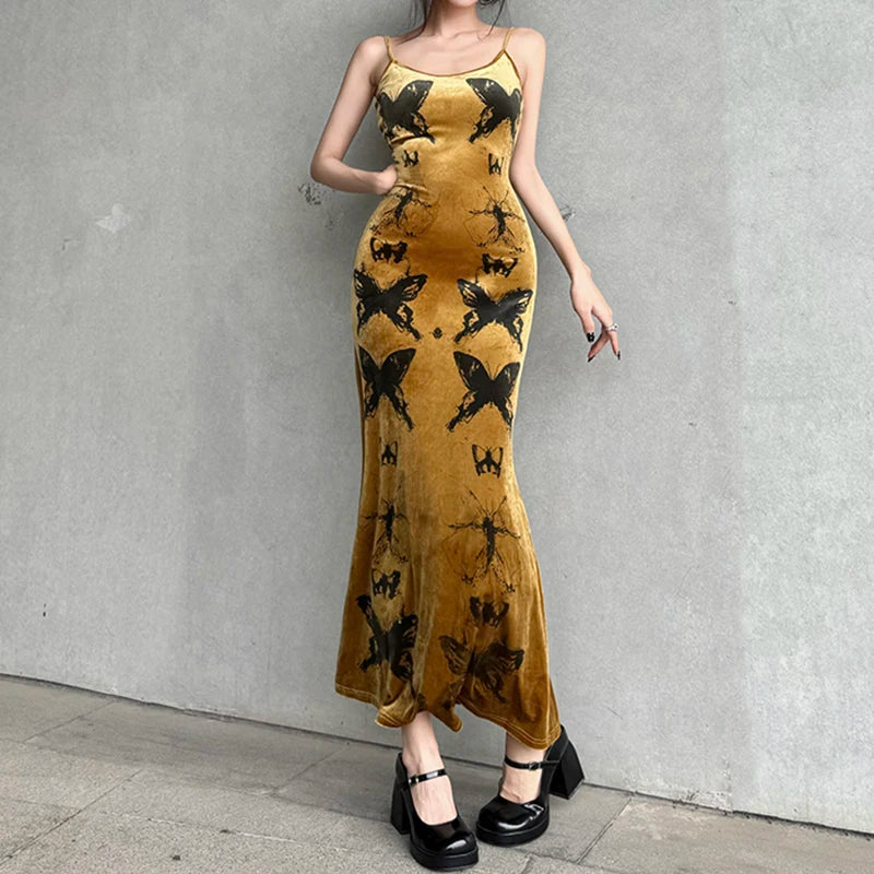 Spaghetti Strap Velour Elegant Long Dress Female Vintage Butterfly Printing Fashion Sexy Party Dresses Goth Clothing