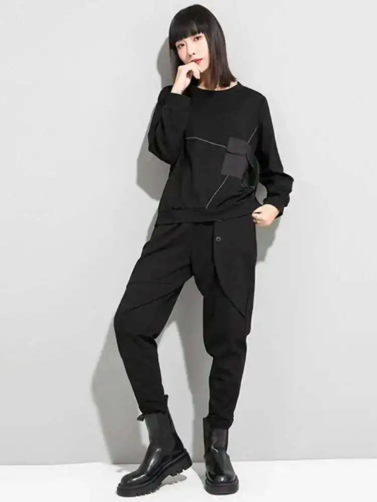 Women Black Topstitched Big Size Casual T-shirt New Round Neck Long Sleeve Fashion Tide Spring Autumn 2025 1DE4952