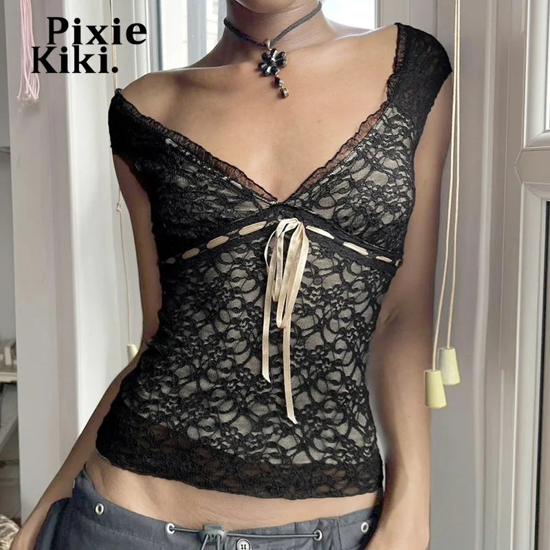 Black Lace Crop Top 2000s Clothes Y2k Sexy V-neck Low Cut Backless Sleeveless T Shirts for Woman 2024 Summer P84-BI25