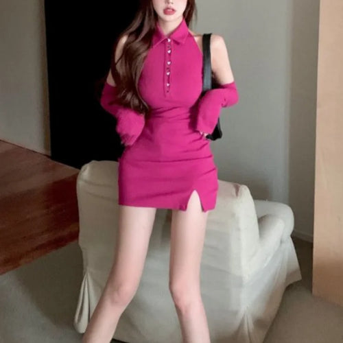 Load image into Gallery viewer, Y2k Sexy Halter Mini Dress Backless Bodycon Korean Fashion Kpop Streetwear Short Dresses with Sleeves Polo Collar
