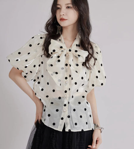 Women Apricot Dot Printed Perspective Blouse New Bow Collar Short Sleeve Shirt Fashion Tide Spring Summer 2025 1DJ1516