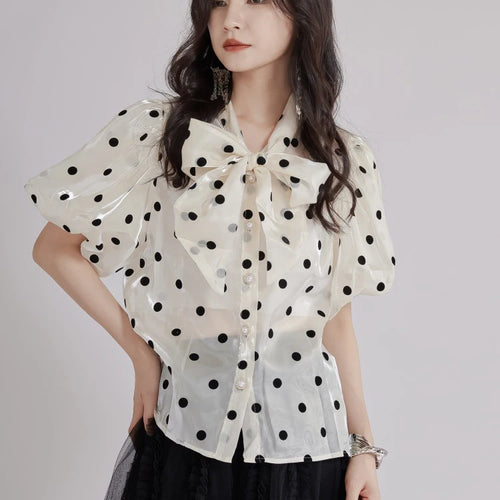 Load image into Gallery viewer, Women Apricot Dot Printed Perspective Blouse New Bow Collar Short Sleeve Shirt Fashion Tide Spring Summer 2025 1DJ1516
