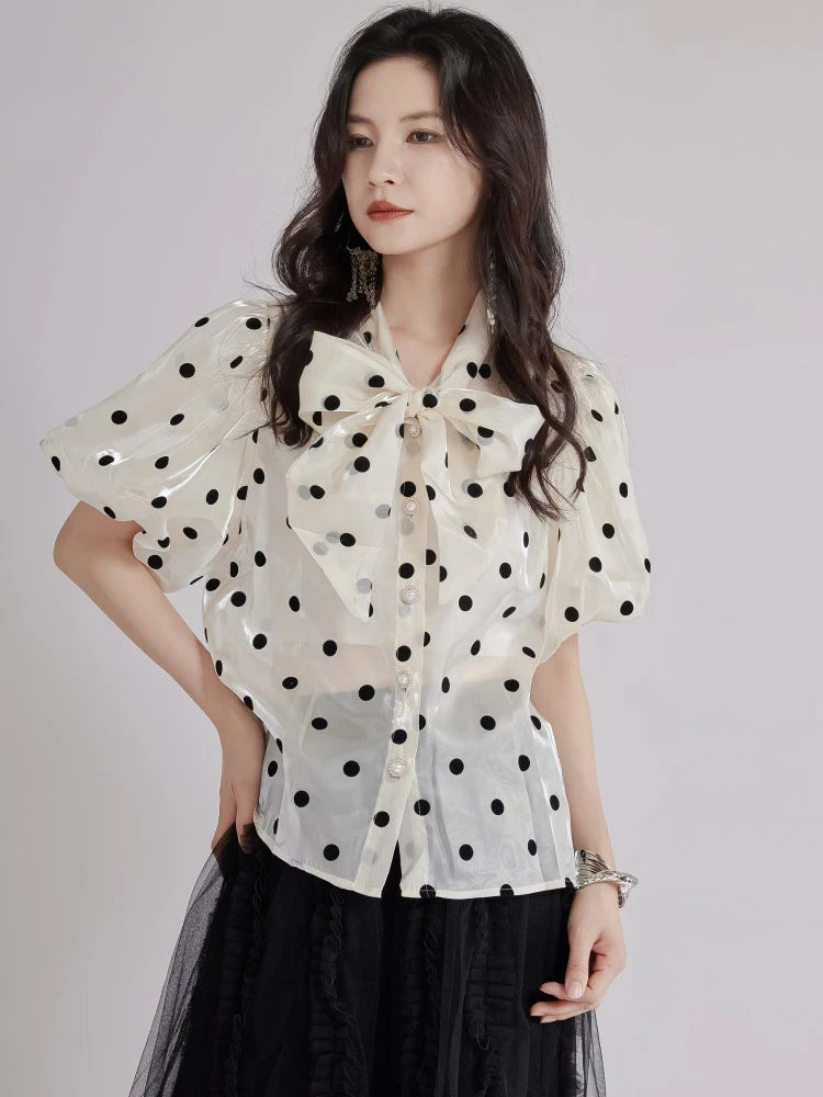 Women Apricot Dot Printed Perspective Blouse New Bow Collar Short Sleeve Shirt Fashion Tide Spring Summer 2025 1DJ1516