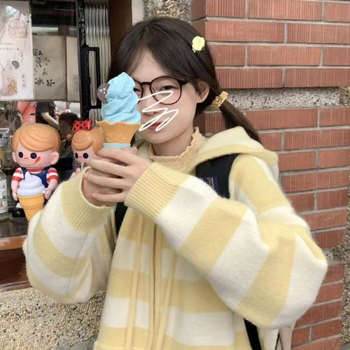 Load image into Gallery viewer, Japanese Kawaii Cartoon Dog Embroidery Knited Cardigan Women All Match Striped Sweater Jackets Hooded Coats Kardigany
