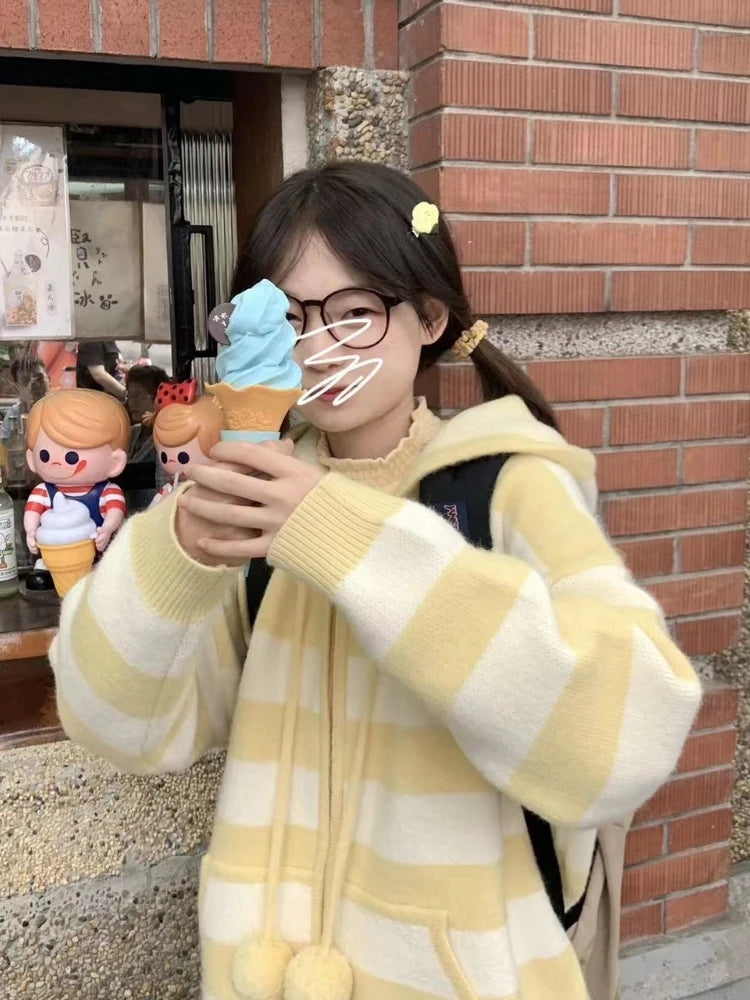 Japanese Kawaii Cartoon Dog Embroidery Knited Cardigan Women All Match Striped Sweater Jackets Hooded Coats Kardigany