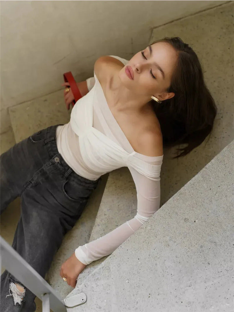 Summer Mesh Off-shoulder T-shirt Women Fashion Pleated Bust Backless Tees Tops Female Elegant Strapless See Through Top