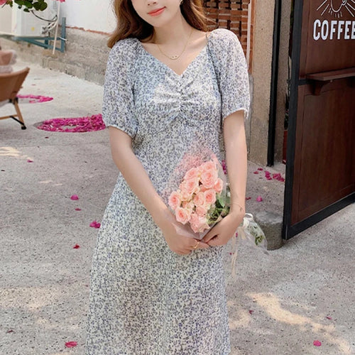 Load image into Gallery viewer, Elegant Pleated V-neck Floral Dress High Waist Chiffon Drawstring Women&#39;s Dresses Vintage Slim Chic Fashion Office Ladies
