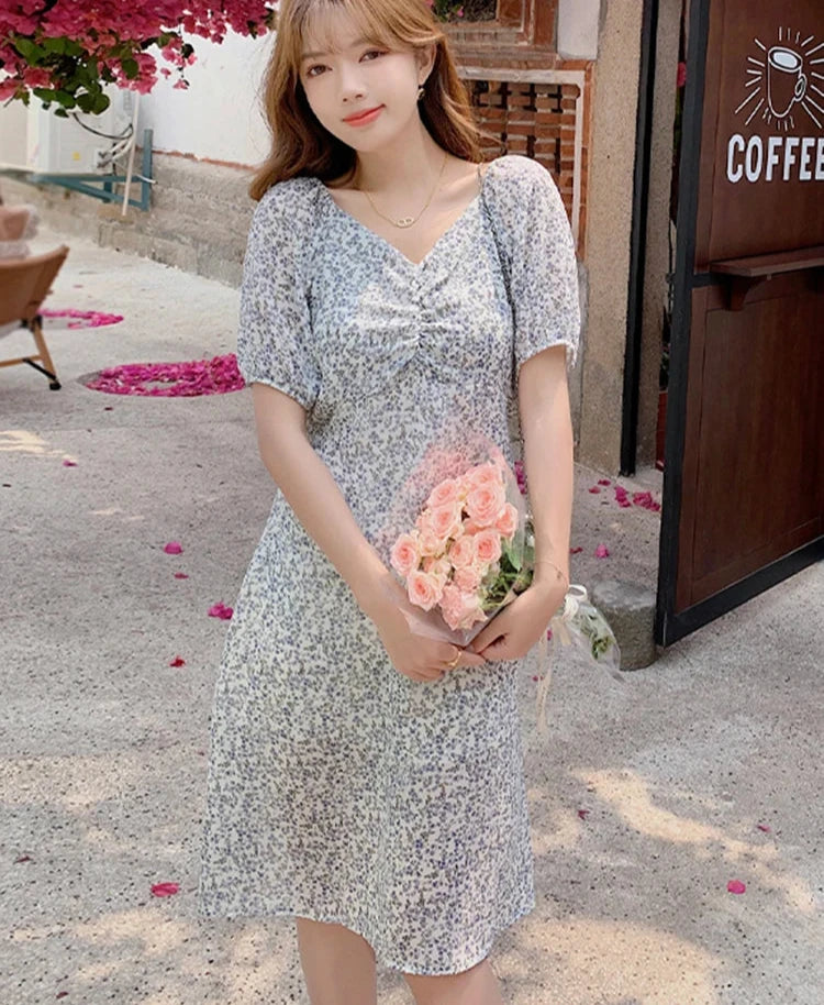 Elegant Pleated V-neck Floral Dress High Waist Chiffon Drawstring Women's Dresses Vintage Slim Chic Fashion Office Ladies