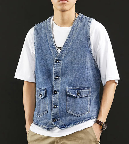 Men's Denim Vest Summer New Male Cargo Clothes Neckless Loose Jacket Trend Youth Coat Single Breasted Men Tide 9W1313