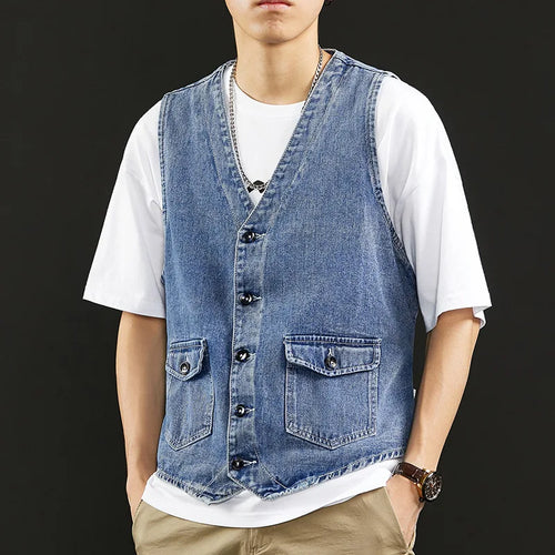 Load image into Gallery viewer, Men's Denim Vest Summer New Male Cargo Clothes Neckless Loose Jacket Trend Youth Coat Single Breasted Men Tide 9W1313
