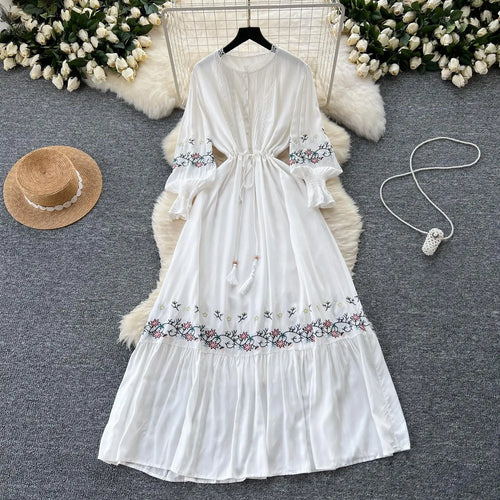 Load image into Gallery viewer, French Women Lace Embroidery Birthday Evening Party Dress Autumn Round Neck Elegant Long Sleeved Ruffles Lace-up Pleated Dresses
