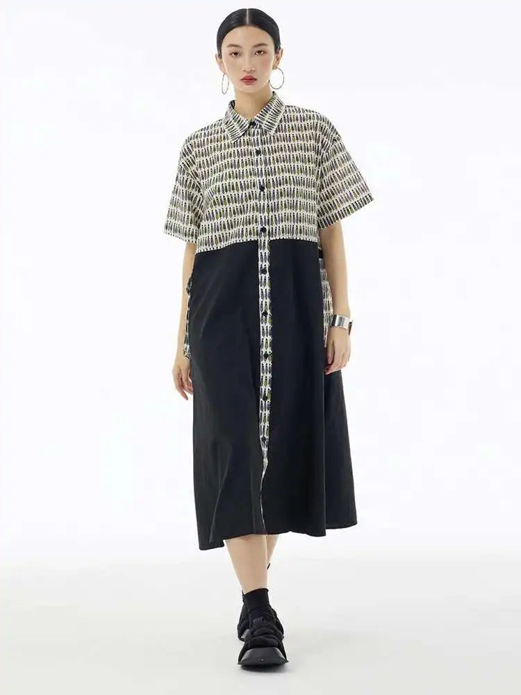 Women Black Printed Color-block Big Size Shirt Dress New Laple Short Sleeve Fashion Tide Spring Summer 2025 1DH6081