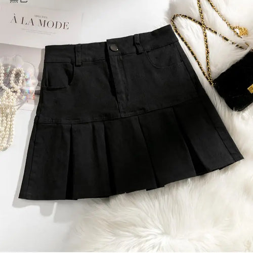 Load image into Gallery viewer, Korean Women's Denim Pleated Skirt Sexy Slim Mini Skirts Woman Summer Solid Color High Waist A-line Wrapped Short Skirt Simple
