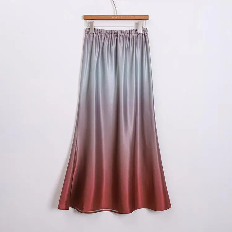 Spring Summer Gradient High Waisted Pleated Skirt Women Clothes French Vintage Elegant Vacation Party Long Skirt Streetwear Chic