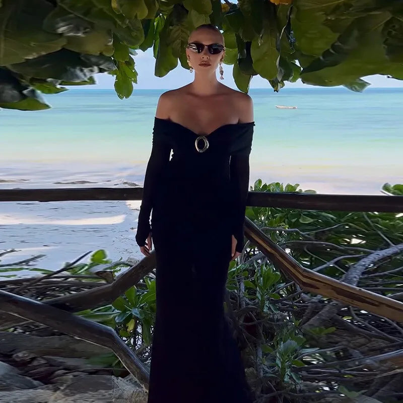 Off-shoulder Long Sleeve Sexy Maxi Dress For Women Autumn New Strapless Backless Bodycon Elegant Club Party Long Dress