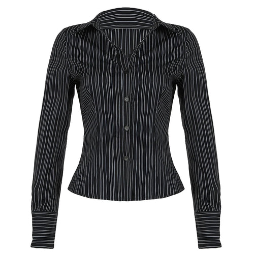 Load image into Gallery viewer, Fashion Chic Black Stripe Women Blouse Slim Long Sleeve Spring Autumn Shirt Top Buttons-Up Casual Y2K Cardigan Retro
