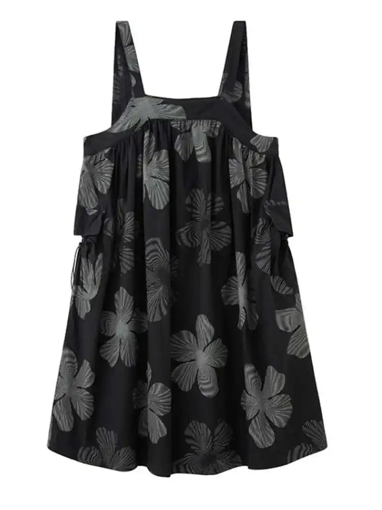 Women Black Pattern Printed Big Size Strap Dress New Square Collar Sleeveless Fashion Tide Spring Autumn 2025 1DH4956