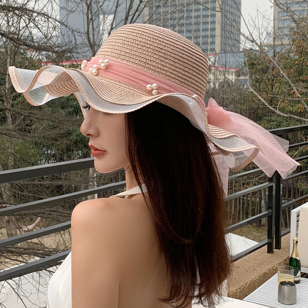 Women's Summer Hat Fashion Wave Mesh Pearl Design Straw Sun Hat Female Travel  Beach Bucket Hat