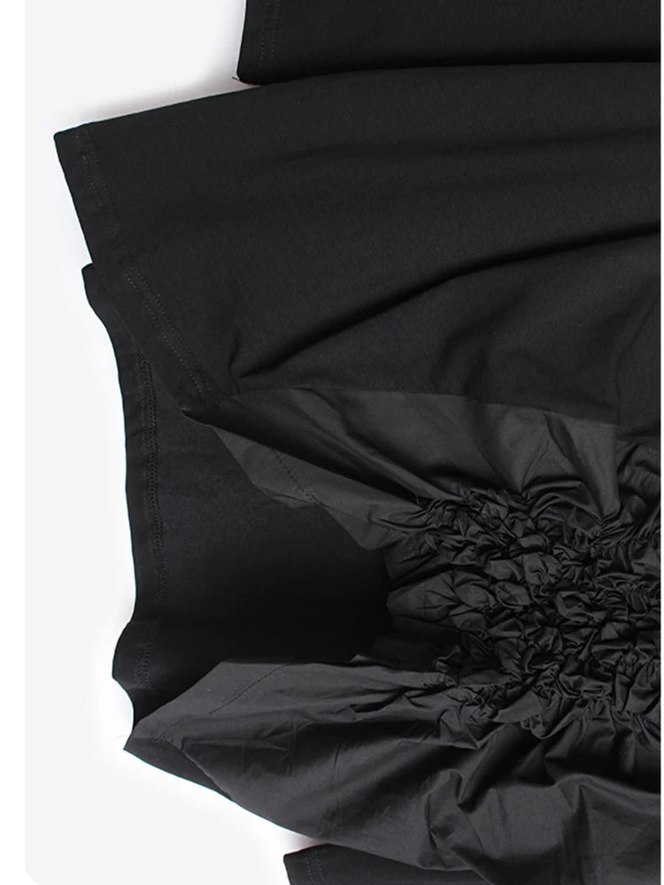 Women Black Pleated Irregular Hem Big Size T-shirt New Round Neck Long Sleeve Fashion Tide Spring Autumn 2025 1DH9924