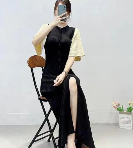 French Fashion Women Black Patchwork Single Breasted Elegant Knit Dress Autumn Beige Green Long Sleeve Slim Split Dresses Ladies