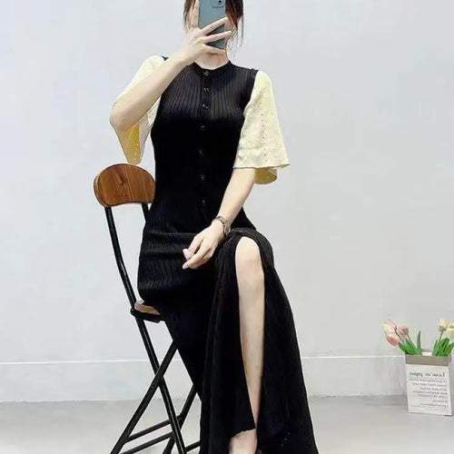 Load image into Gallery viewer, French Fashion Women Black Patchwork Single Breasted Elegant Knit Dress Autumn Beige Green Long Sleeve Slim Split Dresses Ladies
