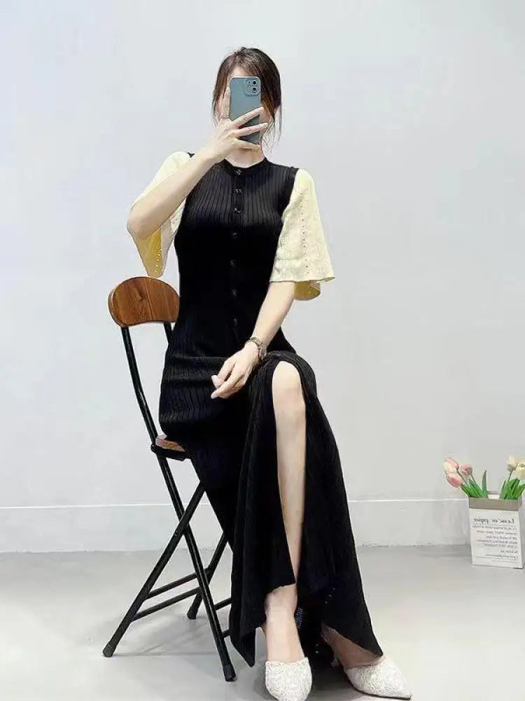 French Fashion Women Black Patchwork Single Breasted Elegant Knit Dress Autumn Beige Green Long Sleeve Slim Split Dresses Ladies