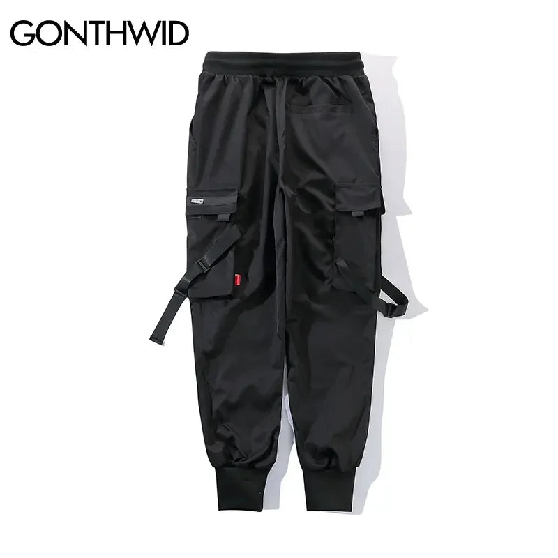 Ribbon Buckle Multi-Pockets Harem Joggers Pants Streetwear 2023 Men Hip Hop Casual Cargo Sweatpants Trousers Pants Male