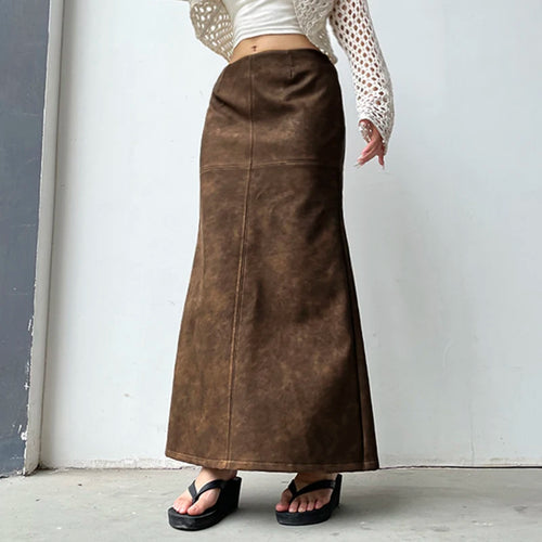 Load image into Gallery viewer, Fashion Brown Elegant Low Rise Leather Skirt Women Streetwear Clubwear Party Long Skirt Slit Autumn Vintage Clothing
