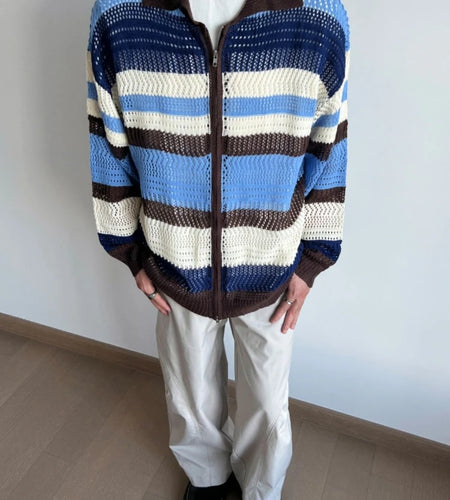 2025 Contrast Color Striped Dual Zippers Cardigan Japanese Hollow Out Men and Women Jackets Y2k Aesthetic Streetwear Women Tops