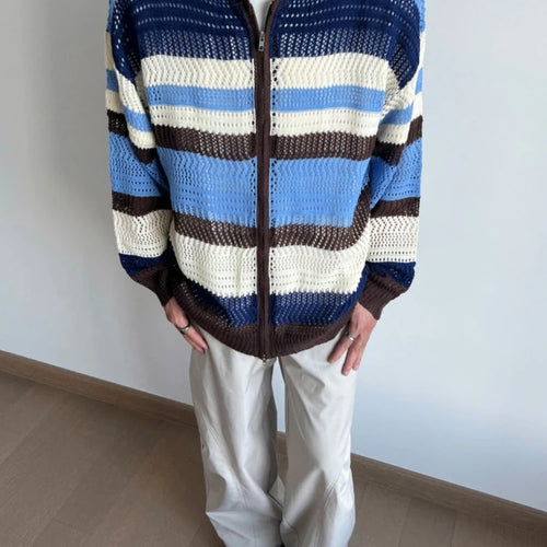 Load image into Gallery viewer, 2025 Contrast Color Striped Dual Zippers Cardigan Japanese Hollow Out Men and Women Jackets Y2k Aesthetic Streetwear Women Tops
