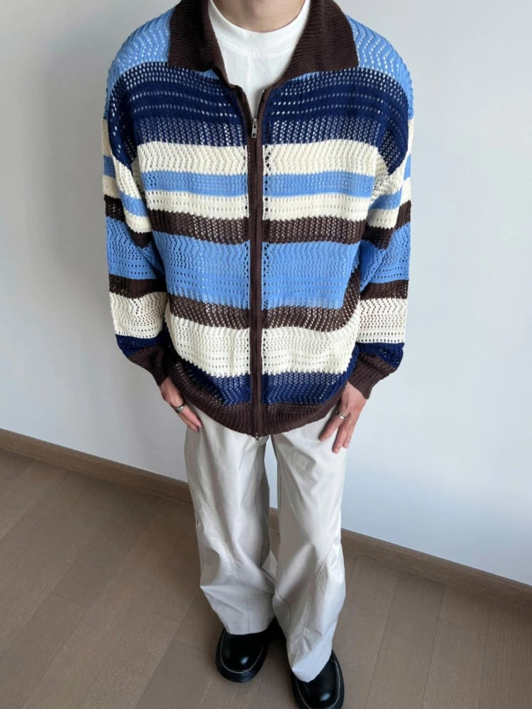 2025 Contrast Color Striped Dual Zippers Cardigan Japanese Hollow Out Men and Women Jackets Y2k Aesthetic Streetwear Women Tops