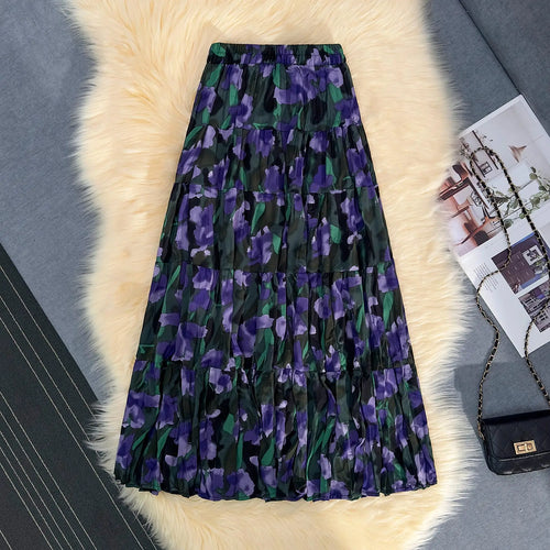 Load image into Gallery viewer, Korean Fashion Red Floral Print Skirt Women 2024 Spring Summer New Purple Floral Elegant A-line Beach Holdiay Long Skirts Trendy
