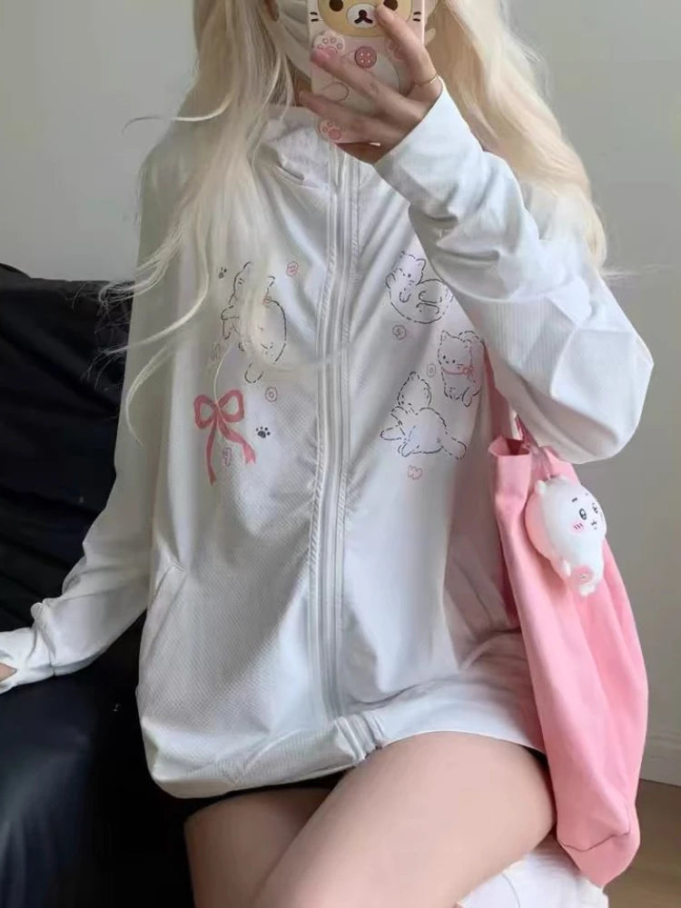 Japanese Kawaii Cute Cat Print Jackets Loose Y2k Casual Sun Protection Women's Tops Fashion Preppy Sweet Hooded Coats All Match