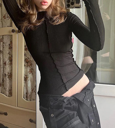 Casual Black Skinny Stitch Long Sleeve Tee Top Stand Collar Gothic Y2K Vintage Autumn T shirts Women Korean Shirt