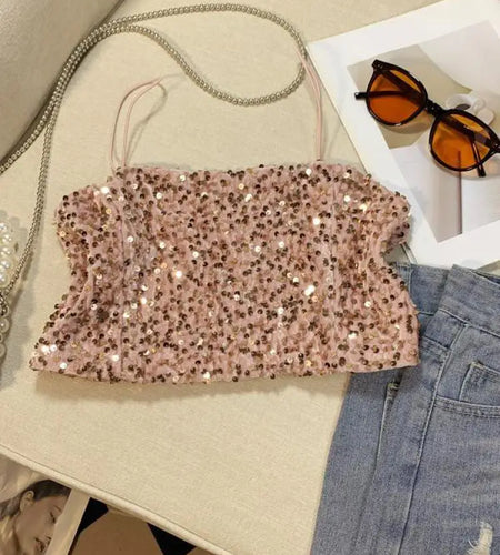 Summer Women's Black Spaghetti Strap Sequined Camisole Fashion Shiny Pink Cropped Sleeveless Sexy Slim Short Tanks Tops New