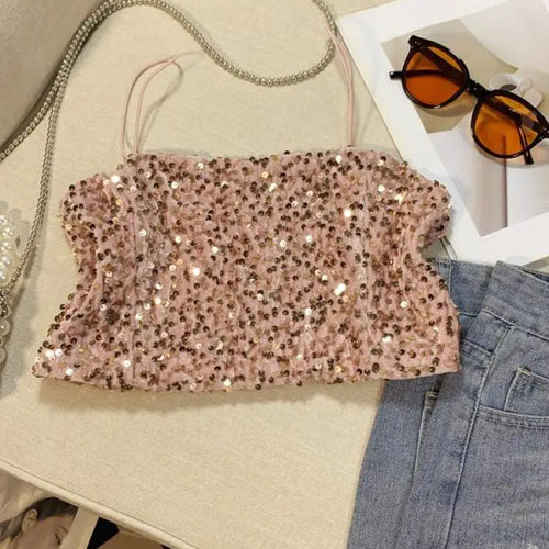Load image into Gallery viewer, Summer Women&#39;s Black Spaghetti Strap Sequined Camisole Fashion Shiny Pink Cropped Sleeveless Sexy Slim Short Tanks Tops New
