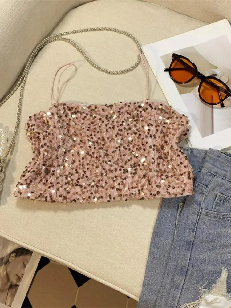 Summer Women's Black Spaghetti Strap Sequined Camisole Fashion Shiny Pink Cropped Sleeveless Sexy Slim Short Tanks Tops New
