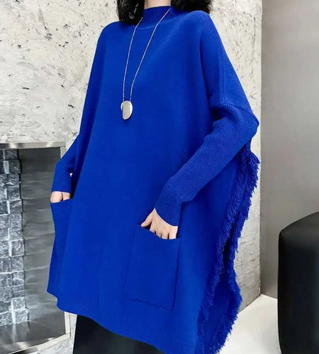 Blue Big Size Slit Burr Knitting Sweater Turtleneck Long Sleeve Women Pullovers New Fashion Spring Autumn 2025 1DH8060