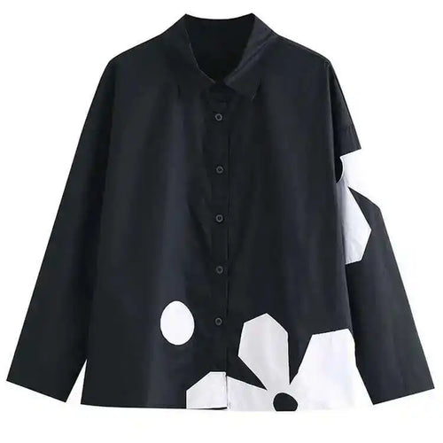 Load image into Gallery viewer, Women Black Flower Pattern Big Size Blouse New Lapel Long Sleeve Loose Fit Shirt Fashion Tide Spring Autumn 2025 1DE6302
