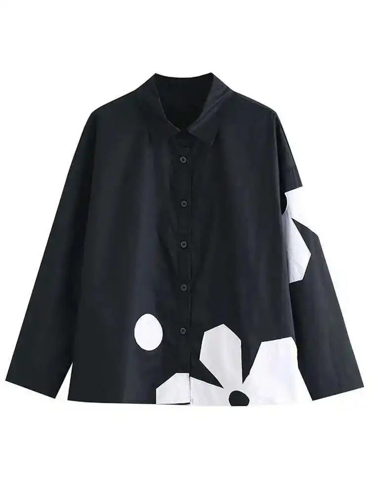 Women Black Flower Pattern Big Size Blouse New Lapel Long Sleeve Loose Fit Shirt Fashion Tide Spring Autumn 2025 1DE6302
