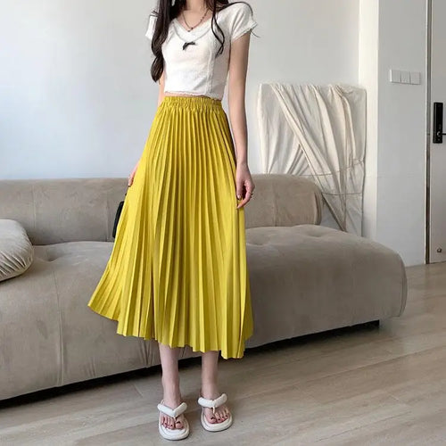 Load image into Gallery viewer, Spring Summer Black Beige High Waist Pleated Long Skirts Korean Fashion Women Blue Yellow Versatile A-line Half Skirt Streetwear

